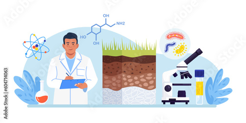 Soil analysis, earth pollution. Scientists study of composition of substances in ground layer structure sample. Person research soil nutrients, microorganism in laboratory. Bioengineering, chemistry