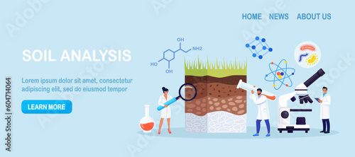 Soil analysis, earth pollution. Scientists study of composition of substances in ground layer structure sample. People research soil nutrients, microorganism in laboratory. Bioengineering, chemistry