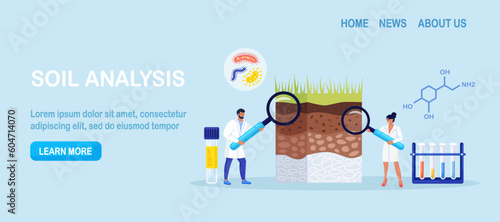 Soil analysis, earth pollution. Scientists study of composition of substances in ground layer structure sample. People research soil nutrients, microorganism in laboratory. Bioengineering, chemistry