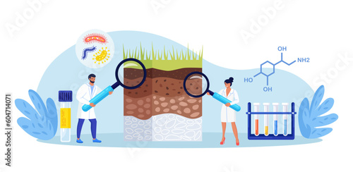 Soil analysis, earth pollution. Scientists study of composition of substances in ground layer structure sample. People research soil nutrients, microorganism in laboratory. Bioengineering, chemistry