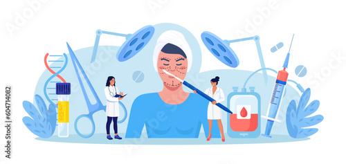 Plastic surgery. Doctors surgeons with syringe and scalpel doing facial contouring surgery to patient woman. Facial contouring, correction, cosmetic treatment. Face operation, anti-aging procedure