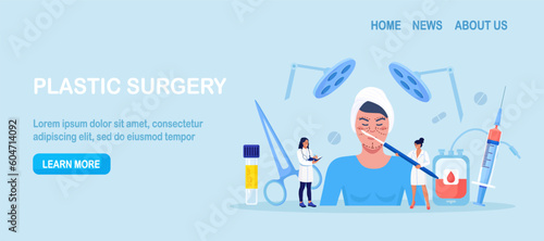 Plastic surgery. Doctors surgeons with syringe and scalpel doing facial contouring surgery to patient woman. Facial contouring, correction, cosmetic treatment. Face operation, anti-aging procedure
