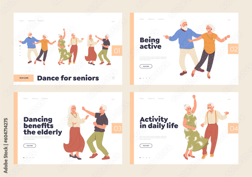 Set of landing page for dance studio providing training classes and courses for elderly people Set of landing page for dance studio providing training classes and courses for elderly people