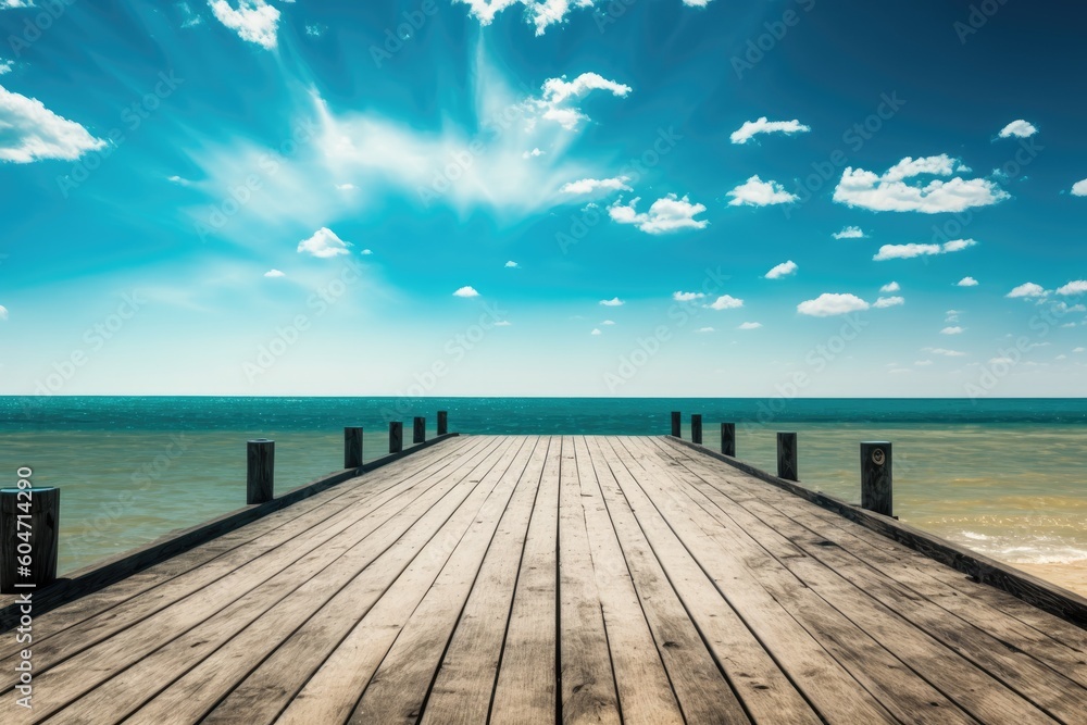 wooden pier stretching out into the ocean beneath a clear blue sky. Generative AI
