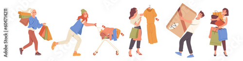 Set of diverse people cartoon characters doing shopping purchase enjoying discount and sale