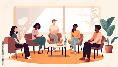 Illustration of people in a group therapy or rehabilitation session. Different people sitting in circle and talking. Concept of group therapy, counseling, psychology, help, conversation. photo