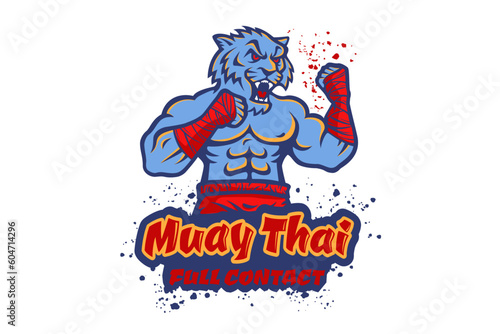 Vector template sport logo for fighting club with angry muscular tiger. Vector sport logo with tiger for Muay Thai club.