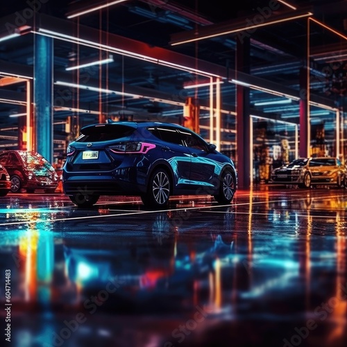Neon underground car parking. Modern nightlife. Generative ai © Alesia