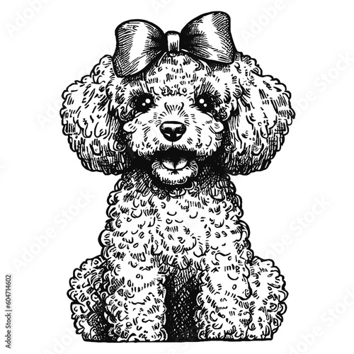cute poodle dog wearing a bow vector sketch