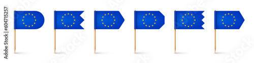 Realistic various European toothpick flags. Souvenir from Europe. Wooden toothpicks with paper flag. Location mark, map pointer. Blank mockup for advertising and promotions. Vector illustration