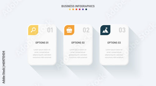 Timeline infographic with infochart. Modern presentation template with 3 spets for business process. Website template on white background for concept modern design. Horizontal layout.