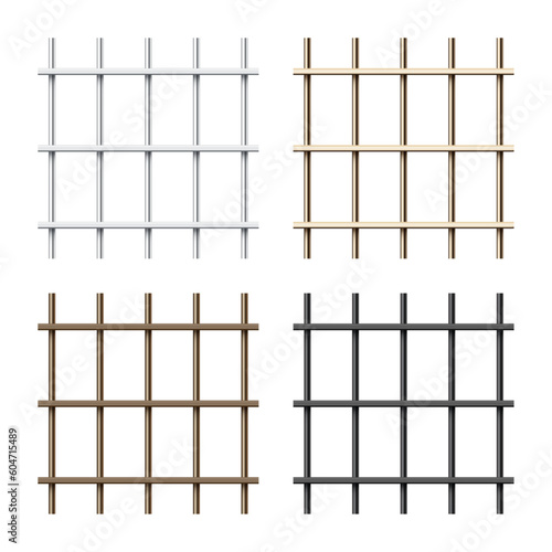 Realistic shiny metal prison bars isolated on white background. Detailed jail cage, prison iron fence. Criminal background mockup. Vector illustration