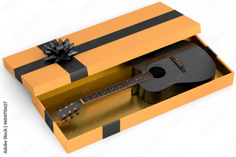 Gift boxes with guitar, ribbon and bow on white background Gift boxes with guitar, ribbon and bow on white background