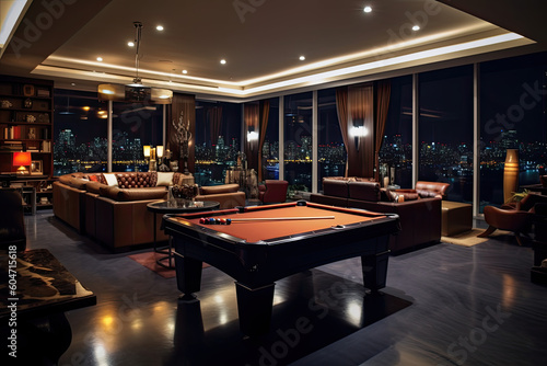 Luxury penthouse man cave with a spacious and stylish retreat with a combination of modern furnishings, state-of-the-art entertainment systems, and carefully curated memorabilia.  Generative AI photo