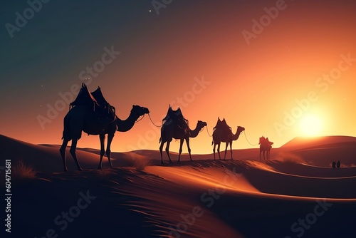 Camels traveling in sunset