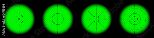 Various weapon night sights, sniper rifle optical scopes. Hunting gun viewfinder with crosshair. Aim, shooting mark symbol. Military target sign, silhouette. Game UI element. Vector illustration