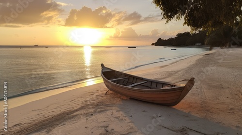 Lonely boat on a tropical beach on sunset 