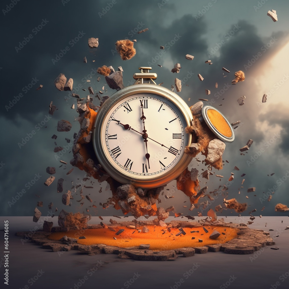 until the end of time , exploding clock concept, Created using generative AI tools. Stock