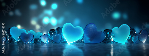 Abstract background with blue hearts bokeh, blue gradient. Banner for Valentine's day father's mother's day concept.