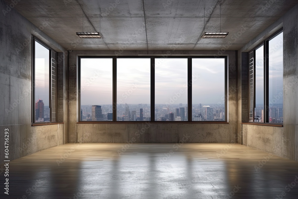 Interior of a mysterious, vacant room with three narrow liniar windows providing a city view, concrete walls, and a wooden floor. Generative AI Interior of a mysterious, vacant room with three narrow liniar windows providing a city view, concrete walls, and a wooden floor. Generative AI