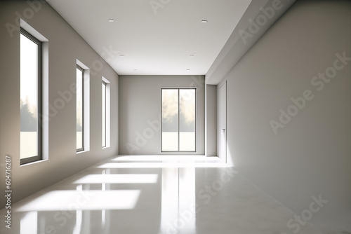The modern interior of an empty living room with large windows Generative AI