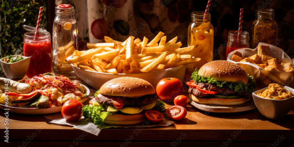 Hamburger patatine fritte e cibi fritti da fast food e delivery