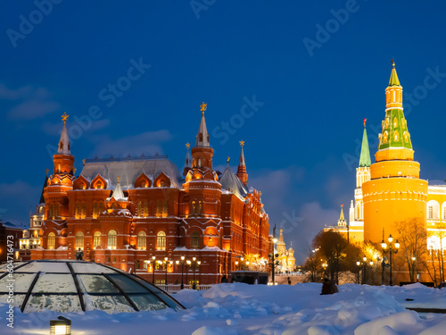 State Historical Museum and Kremlin on the Manezhnaya Square in the winter evening, Moscow, Russia