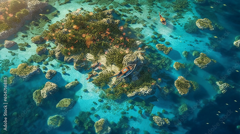 Fototapeta premium An aerial shot of a tropical island's lagoon, with shallow turquoise waters and coral formations creating intricate patterns beneath the surface. AI generative