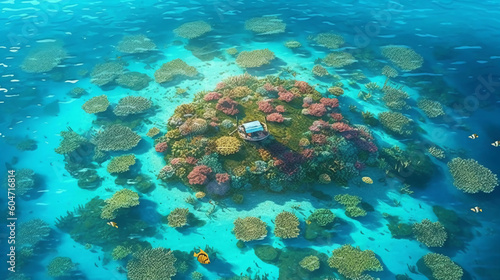 An aerial shot of a tropical island's lagoon, with shallow turquoise waters and coral formations creating intricate patterns beneath the surface. AI generative