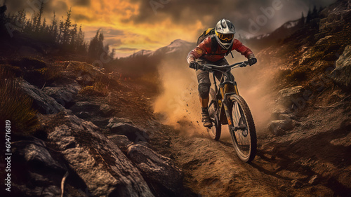 Mountain biker navigating a treacherous downhill trail with steep drops and challenging obstacles.