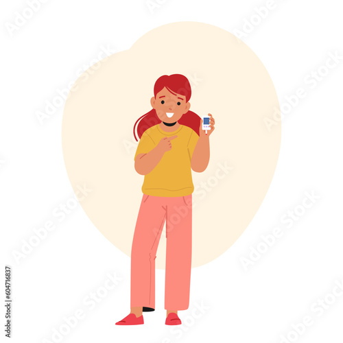 Little Girl Checking Blood Sugar Levels With Glucometer For Diabetes Management. Child Character Monitoring Health