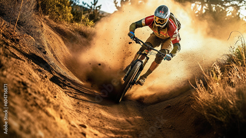 Mountain biking by capturing a rider executing a tight cornering maneuver on a bermed turn