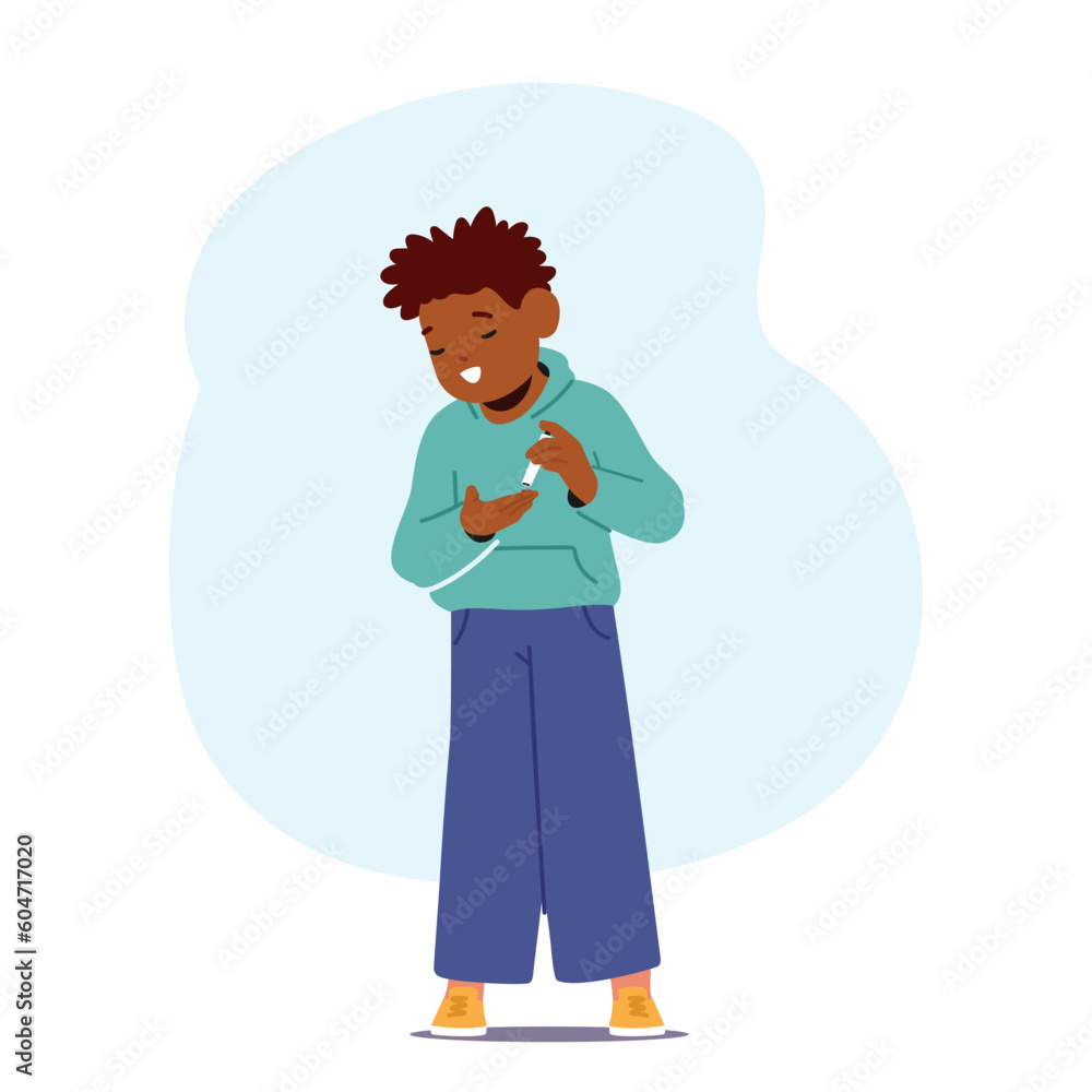Child With Diabetes Manages Sugar Levels Using Pen For Insulin Administration. Little African American Boy Child With Diabetes Manages Sugar Levels Using Pen For Insulin Administration. Little African American Boy