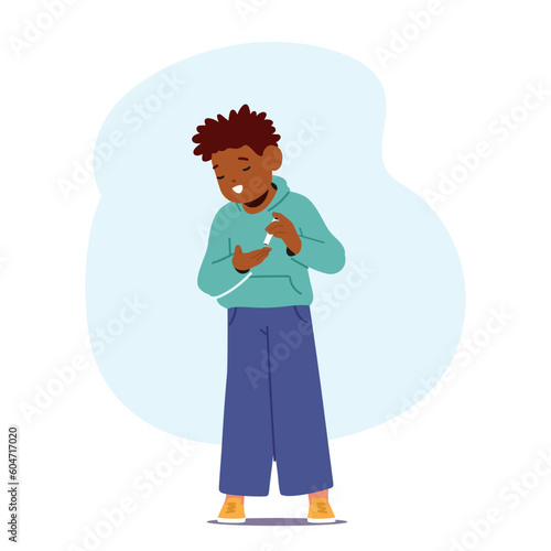 Child With Diabetes Manages Sugar Levels Using Pen For Insulin Administration. Little African American Boy
