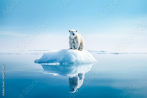 Photo Ours polaire sur un bloc de glace détaché de la banquise, fonte des glaces, réch