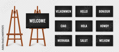 Realistic paint desk with text on black canvas. Wooden easel and a sheet of drawing paper. Presentation board on a tripod. You are welcome, greetings and respects. Vector illustration