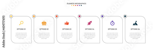 Timeline infographic with infochart. Modern presentation template with 6 spets for business process. Website template on white background for concept modern design. Horizontal layout.