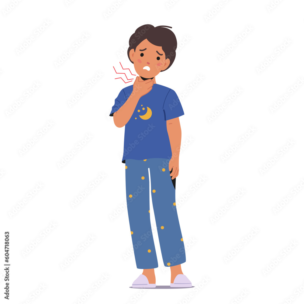 Sick Little Boy Character Feel Pain in Throat, Causing Discomfort And Potential Spread Of Germs and Bacteria Sick Little Boy Character Feel Pain in Throat, Causing Discomfort And Potential Spread Of Germs and Bacteria