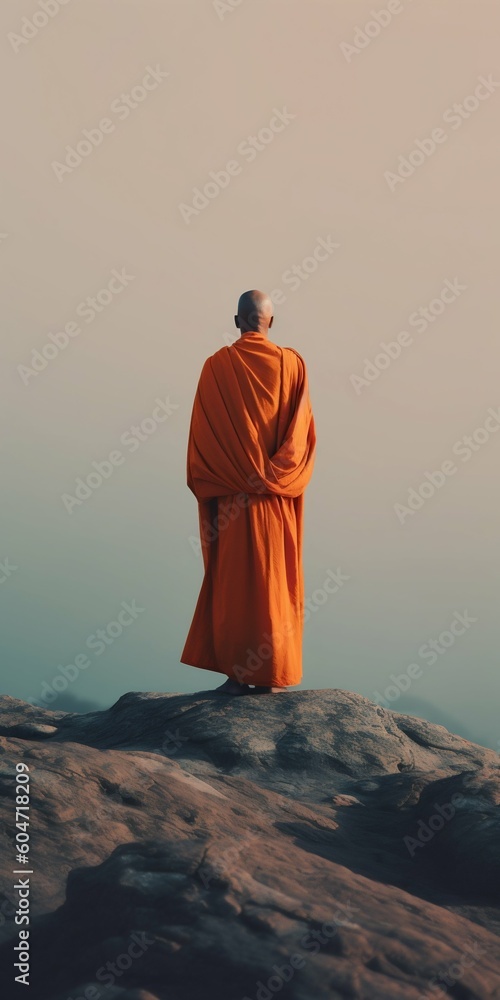 Monk Alien in Orange Robe Meditating at Sunrise Over Mountain Hill. Generative ai Monk Alien in Orange Robe Meditating at Sunrise Over Mountain Hill. Generative ai
