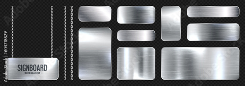 Metal banners hanging on a chain. Realistic shiny steel plate with screws. Polished silver metal surface. Vector illustration