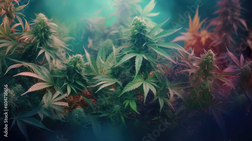 Hintergrunddesign von Hanfpflanzen (Cannabis) mit Blüten (Generative AI)