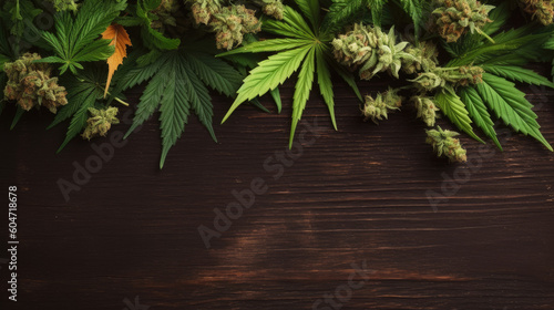 Hanfpflanzen (Cannabis) mit Blüten auf Holzhintergrund. (Generative AI)
