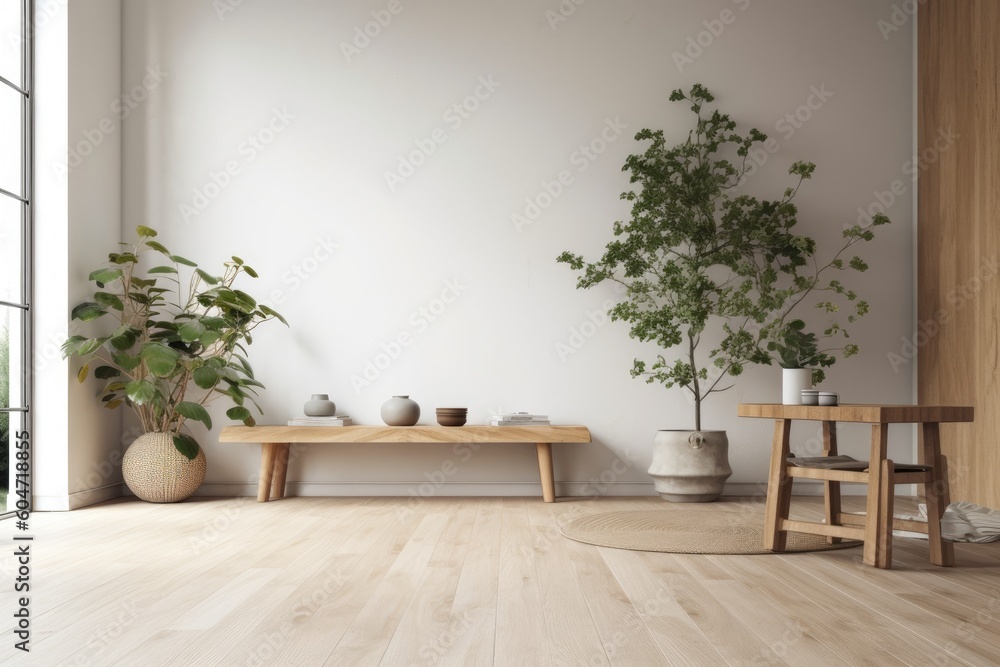 Interior wall of room is empty and mocked up. Scandinavian design Copy area for a montage of products. Generative AI Interior wall of room is empty and mocked up. Scandinavian design Copy area for a montage of products. Generative AI