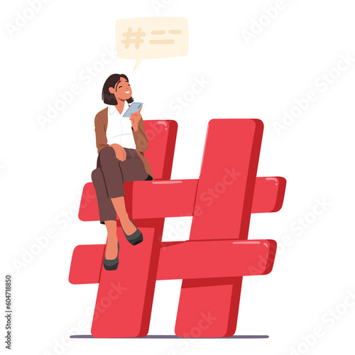 Tiny Woman With Smartphone Sitting on Huge Red Hashtag Sign, Symbolizing The Impact Of Social Media Vector Illustration