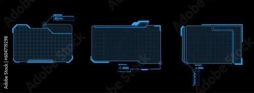 Hud frames. Futuristic modern hud control panel. High tech screen digital hologram window, gaming menu vector touching cyber Futuristic windows target and header. High tech elements for user interface
