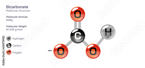 Bicarbonate molecular structure formula. Periodic table structural molecular formula Vector design. Pharmaceutical compounds and composition. Easily printable product with correct CPK colour.