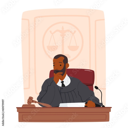 Thinking Judge Male Character Sitting At Desk, Contemplating In A Court Setting, Considering Evidence