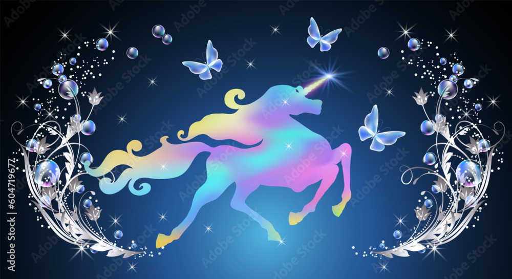 Fairytale background with fabulous unicorn, magical butterflies and fantasy bubbles, flowers ornate and shiny stars.