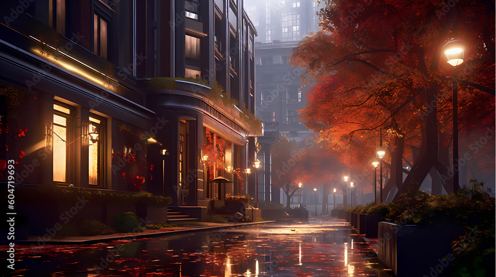 Illustration encapsulates the unique charm and captivating beauty of an autumn evening in the bustling city.