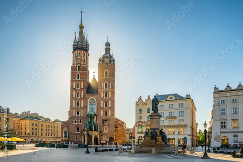 Saint Mary s Basilica on the main market square at sunrise in Cracow  Poland
